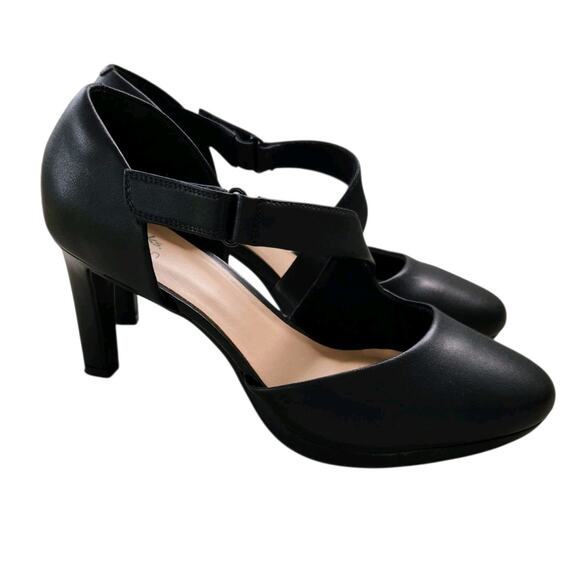 CLARKS BLACK MARY JANE HEELS SZ 10 COMFORT WORK CHUNKY STRAPPY HOLIDAY DATE - Picture 3 of 11